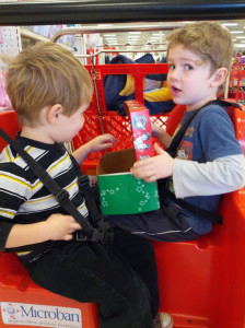 Shopping for items to fill our boxes. This is at the very beginning. We all looked a little battle-worn by the end of the trip. 