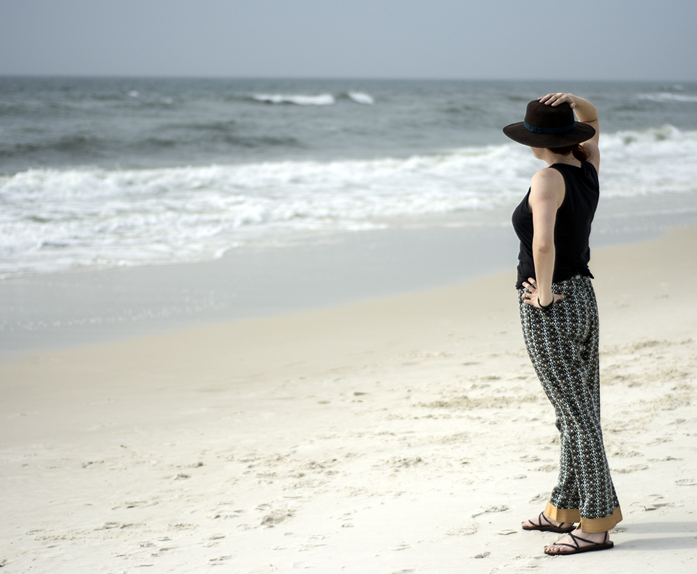 Standing on the beach, wearing Punjammies from Sudara