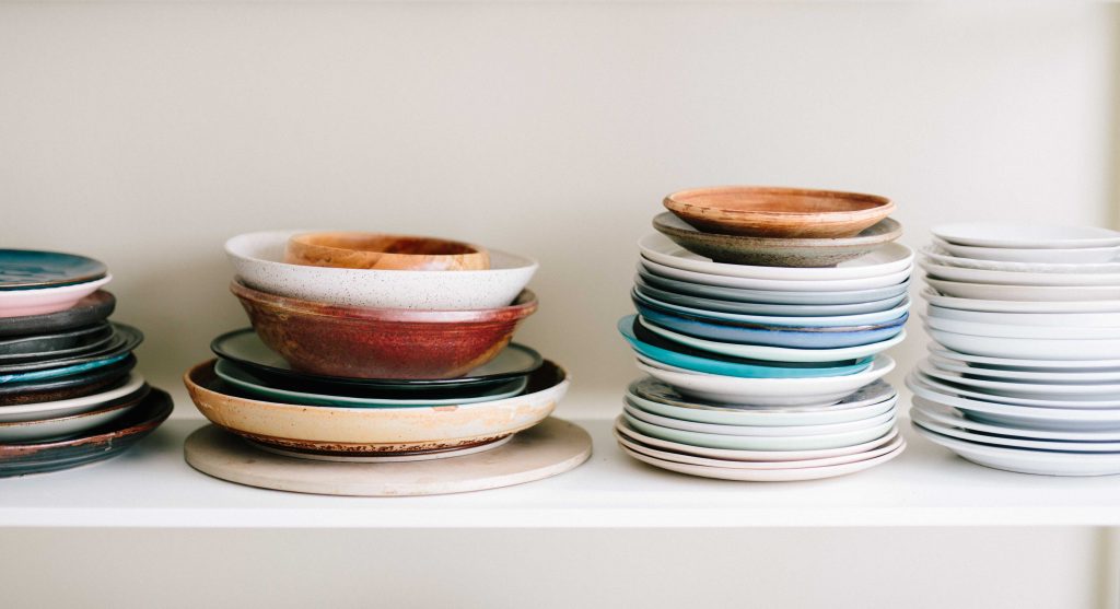 Stacks of multicolored dishes